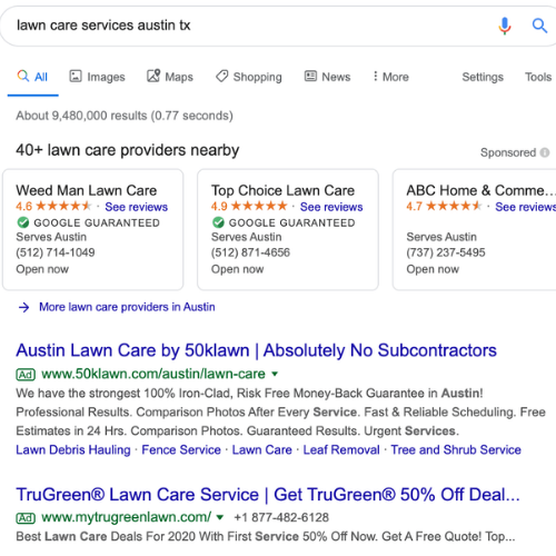 Google search for a Google Adwords Campaign